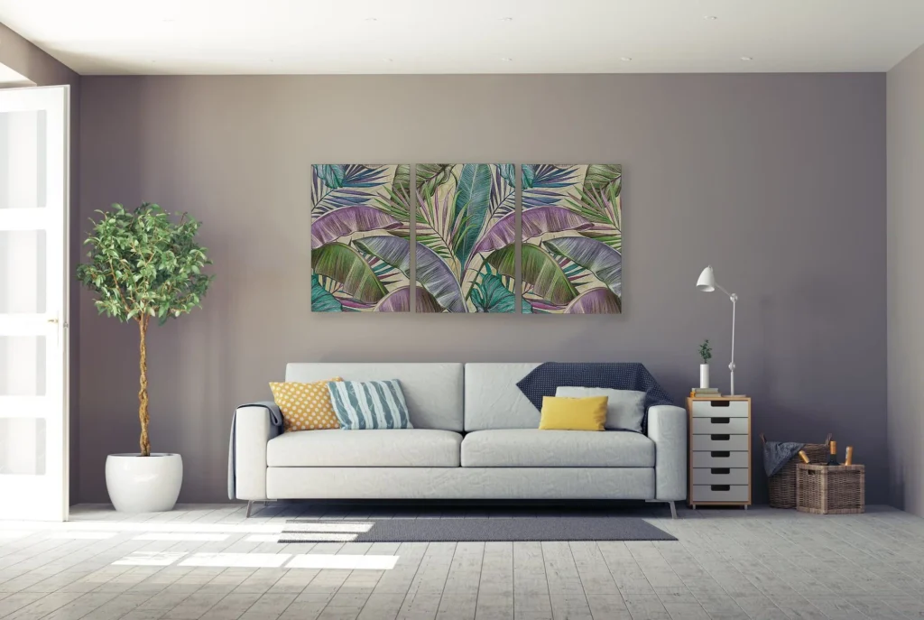 A stylish sofa in a well-decorated living room with cushions, a coffee table, and modern accents.