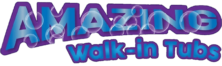 *   Image: A logo.
    *   Text: "AMAZING walk-in Tubs".
    *   Style: Blue gradient letters with purple outlines. "AMAZING"
