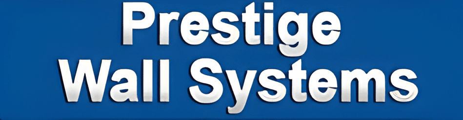 *   Image content: Text "Prestige Wall Systems" in a silver/white 3D font on a blue background.
    *   Purpose: This looks l