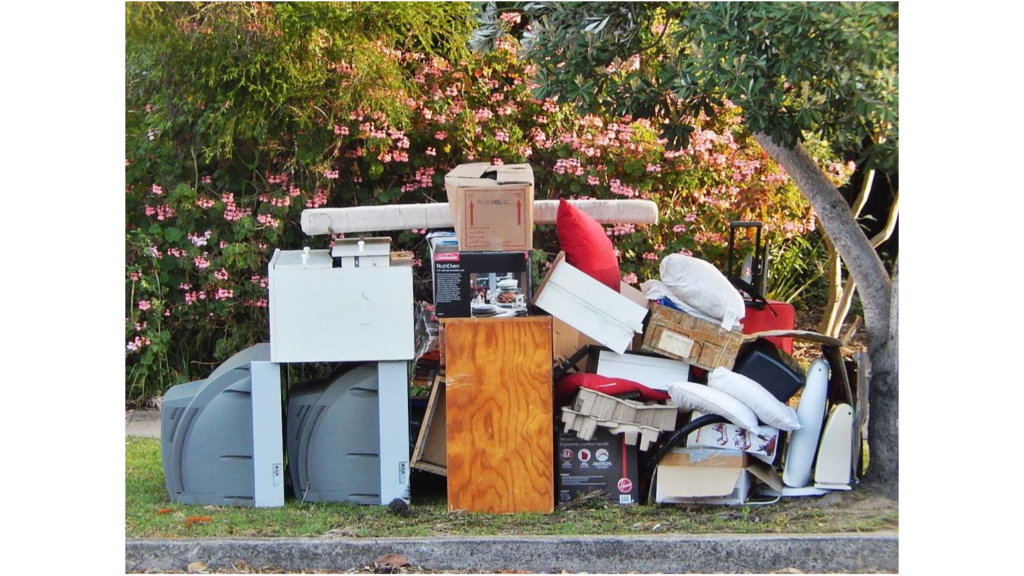 *   Image content: A pile of discarded items (junk/trash) on a grassy curb in front of some bushes with pink flowers.
    *