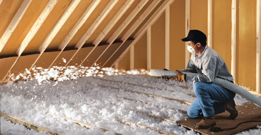 Worker wearing a protective mask and cap, blowing loose-fill insulation into an unfinished attic space.