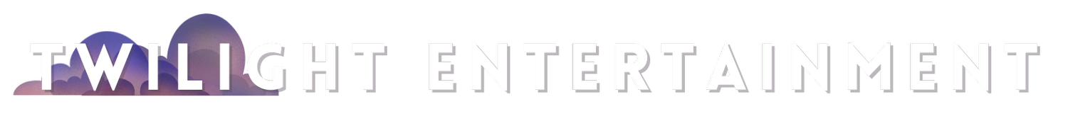 Twilight Entertainment logo with white outline text and purple clouds.