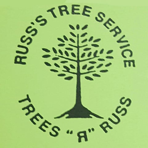 Russ's Tree Service logo featuring a tree silhouette and the phrase "Trees 'R' Russ".