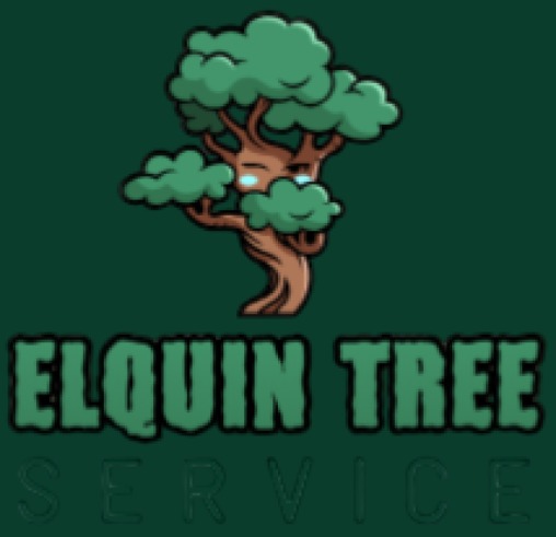 Elquin Tree Service logo featuring a cartoon gnarled tree with green foliage on a dark green background.