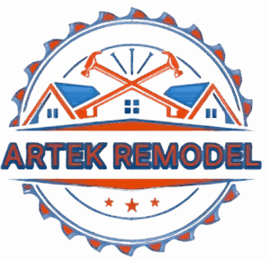Artek Remodel logo featuring crossed hammers, houses, and a circular saw blade border in blue and orange.