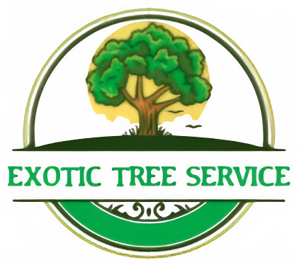 Exotic Tree Service logo featuring a green tree on a hill within a circular emblem.