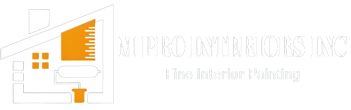 Logo for Nupro Interiors Inc, Fine Interior Painting, featuring an outline of a house with orange paint tools.