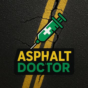 Logo for Asphalt Doctor featuring a green syringe icon on a cracked asphalt road with yellow lines and text.