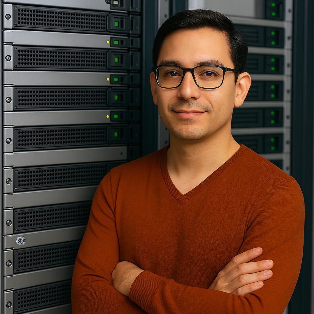 Man with glasses and a brown sweater posing with arms crossed in front of server racks.