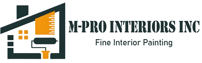 M-PRO INTERIORS INC logo: Fine Interior Painting, featuring a house icon with a paint roller.