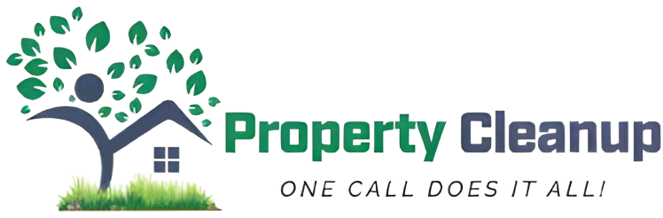 Property Cleanup logo with a tree and house icon and the slogan "ONE CALL DOES IT ALL!