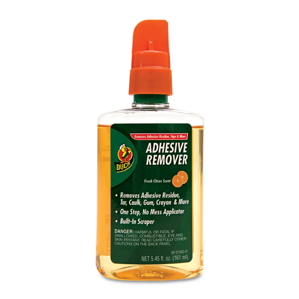 Duck Brand Adhesive Remover with a built-in scraper and orange scent, in a 5.45 fl. oz. bottle.