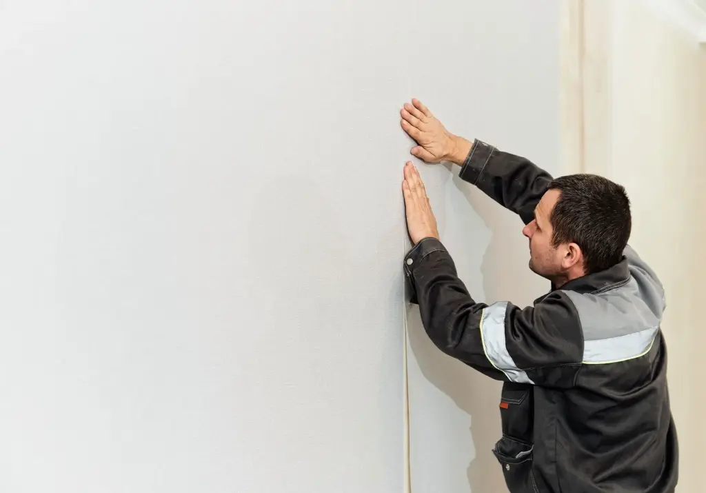 A construction worker in a grey uniform carefully applies wallpaper to a white wall.