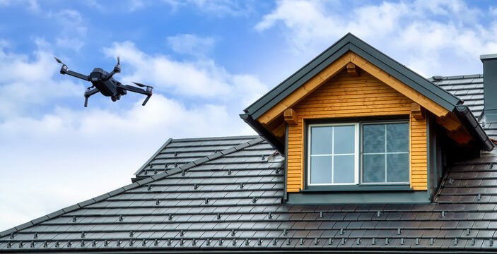 A black drone hovering near the dark tiled roof and wooden dormer of a house.