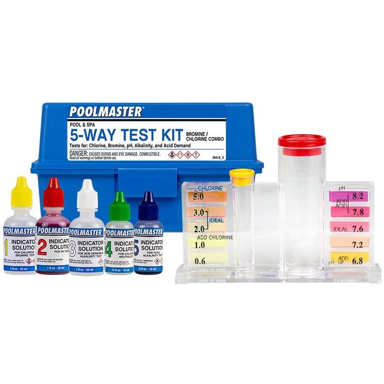 Poolmaster 5-Way pool and spa test kit with five indicator bottles and a color comparison chart stand.