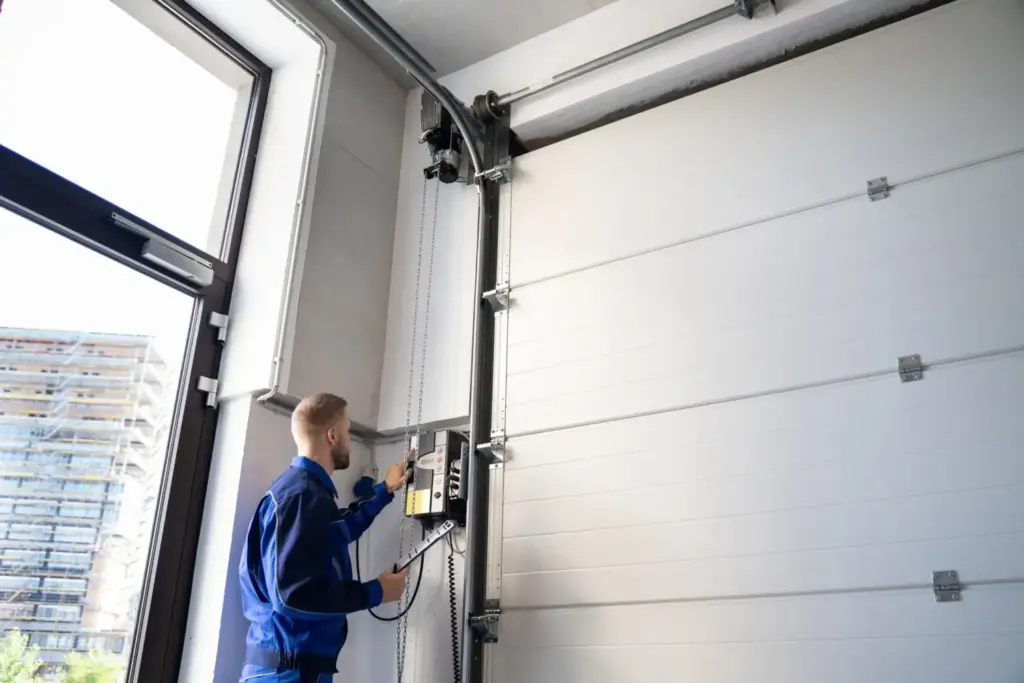 Technician in blue overalls working on the control panel of a white industrial garage door.