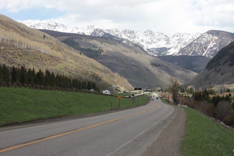 A winding mountain highway leads toward snow-capped peaks under a cloudy sky.