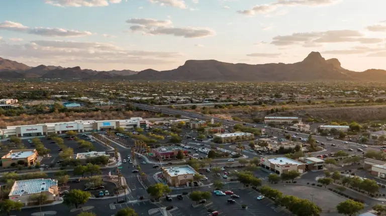Aerial view of an Arizona shopping center parking lot during sunset, with mountains in the background.