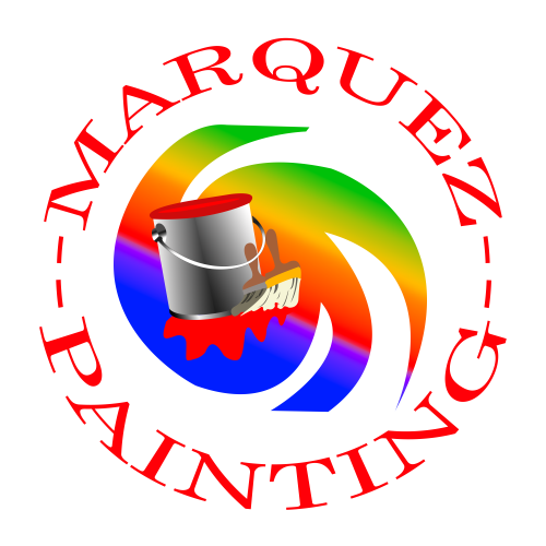 Marquez Painting logo featuring a paint bucket and brush over a colorful rainbow swirl design.