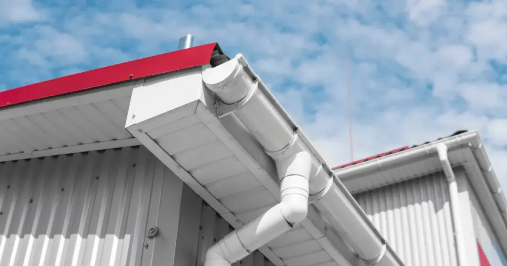 Close-up of white gutters and downspouts on a building with a red roof edge against a blue sky.