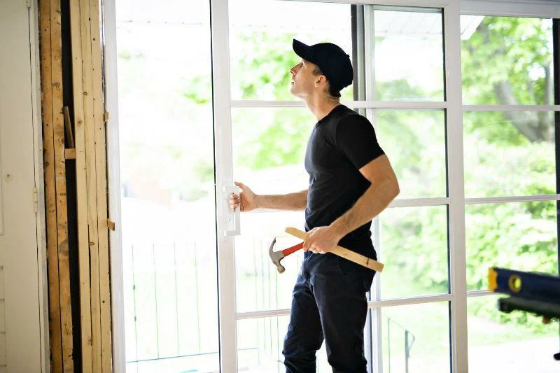 A contractor in a black uniform and cap adjusting a newly installed glass sliding door while holding a hammer.