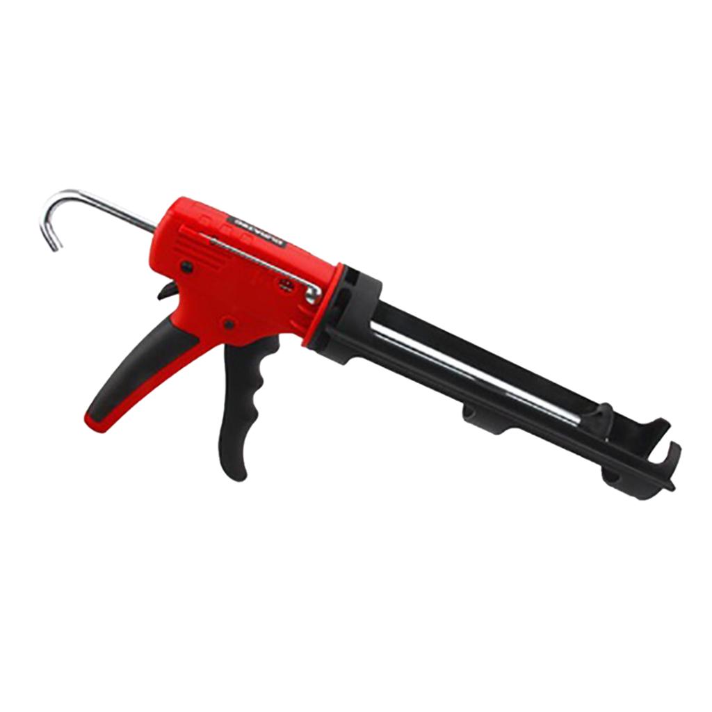 Red and black handheld caulking gun.