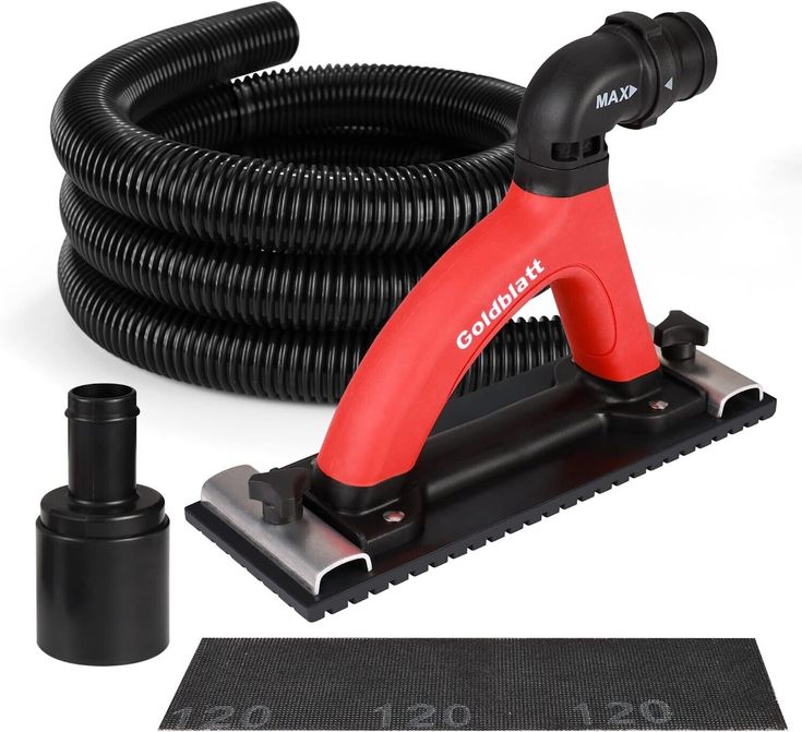 Goldblatt dust-free sanding tool with vacuum hose, connector, and 120 grit sandpaper.