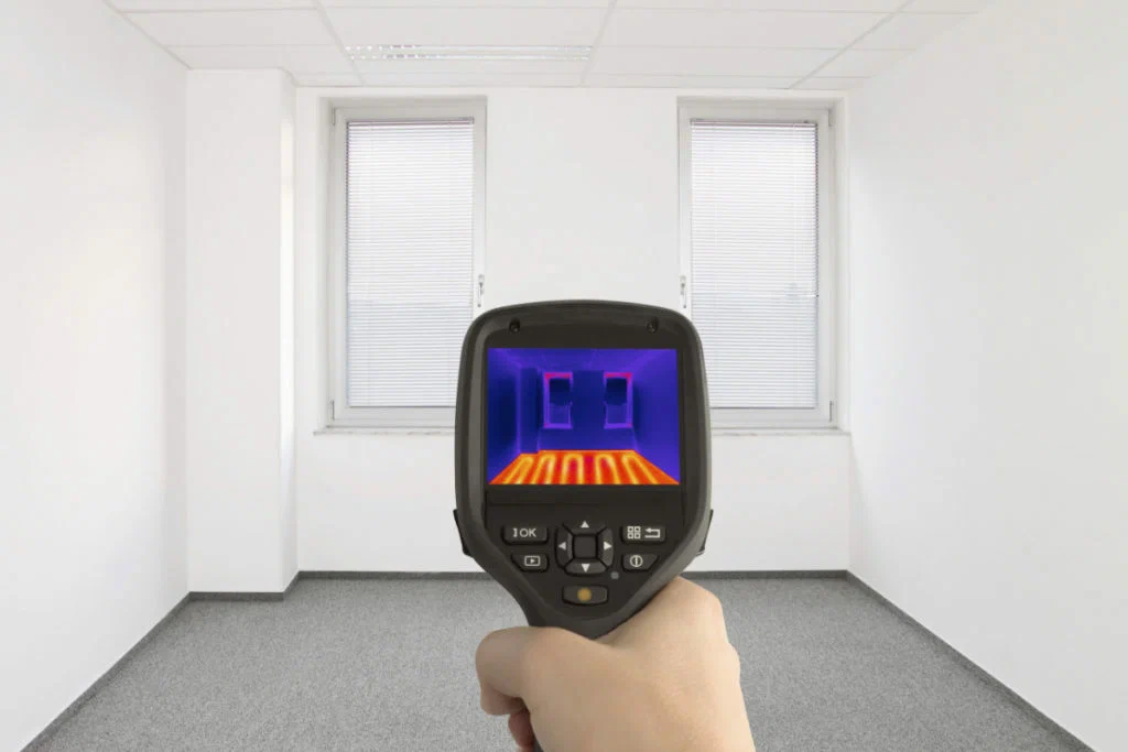 Thermal imaging camera showing a heat map of an empty white room.