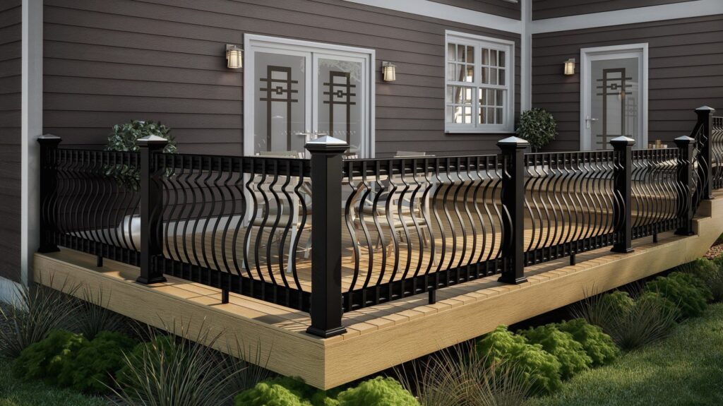 Black curved metal railing on a wooden deck outside a house with brown siding and sliding glass doors.