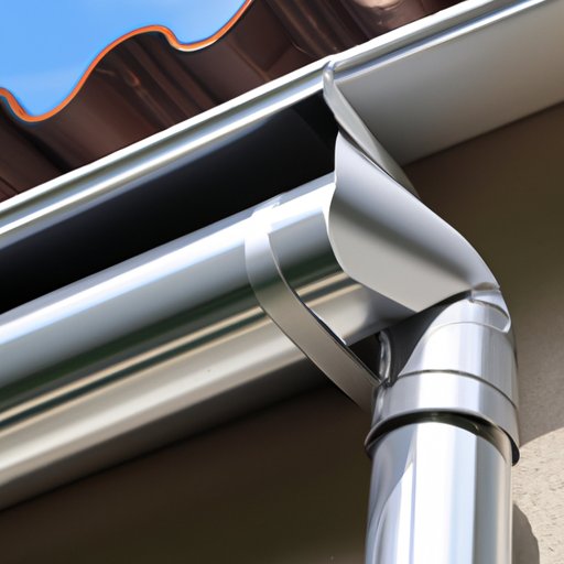 Close-up of silver metal roof gutters and a connected downspout.