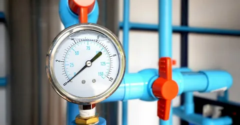 Circular pressure gauge reading 100 on a blue piping system with orange valves.