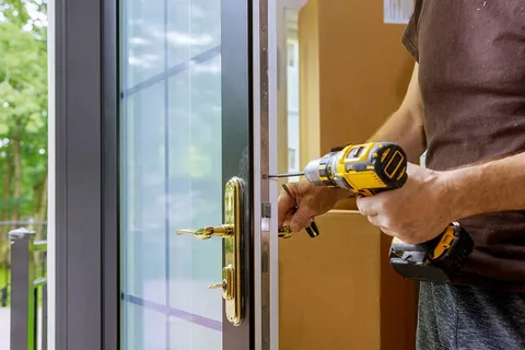 A person using a cordless drill to install a lock mechanism into the edge of a glass door.
