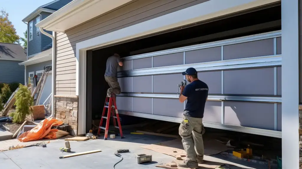 Two technicians installing a residential garage door, with one on a ladder and one on the driveway.