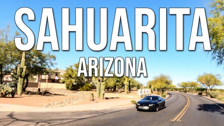 Black sports car driving on a road in Sahuarita, Arizona, surrounded by desert landscaping and cacti.
