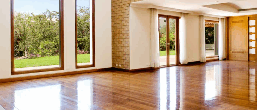 Spacious empty room with polished hardwood floors and large windows overlooking a lush green garden.
