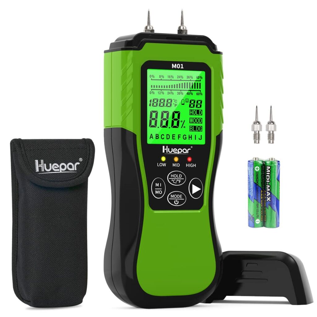 Huepar digital moisture meter with carrying case, extra pins, and batteries on a white background.