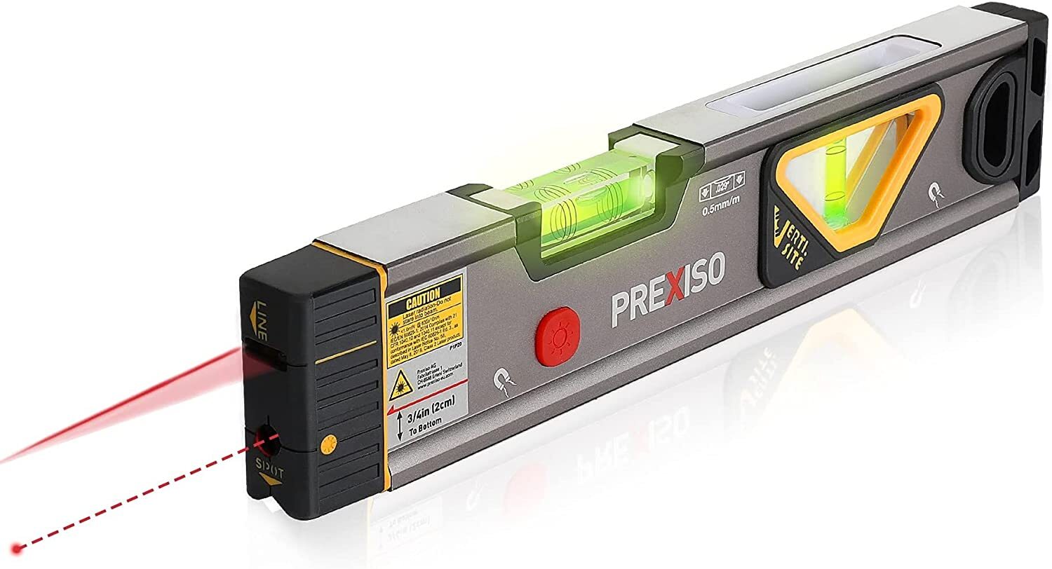 Prexiso laser spirit level with a visible red laser beam, bubble vials, and safety warning labels on a white background.