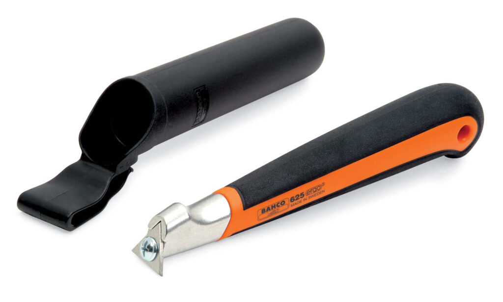 Bahco 625 ergonomic paint scraper with a black and orange handle next to its protective plastic holster.
