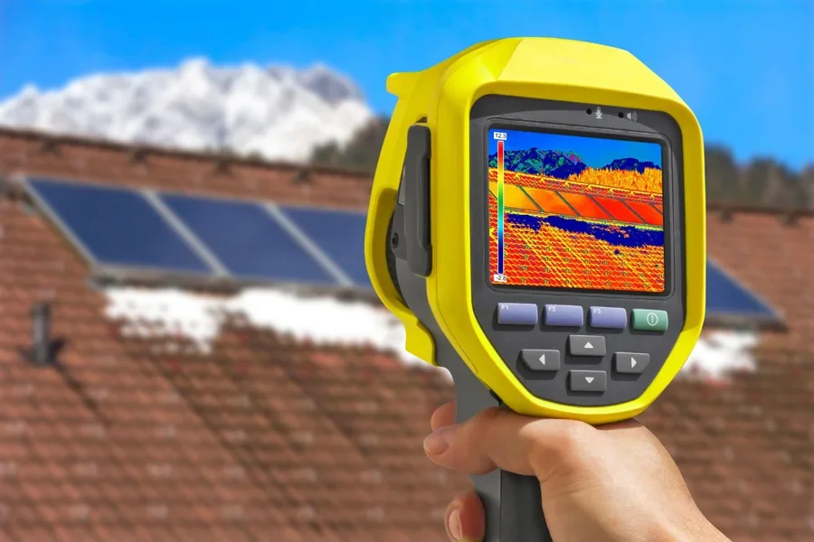Hand holding a yellow thermal camera displaying a heat map of roof-mounted solar panels.