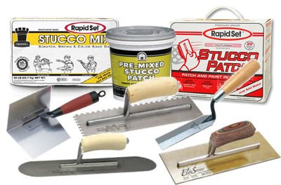 RapidSet stucco mix and patch products with a variety of application tools like trowels and floats.