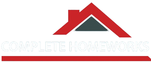 Complete Homeworks logo featuring a red stylized house roof and chimney.