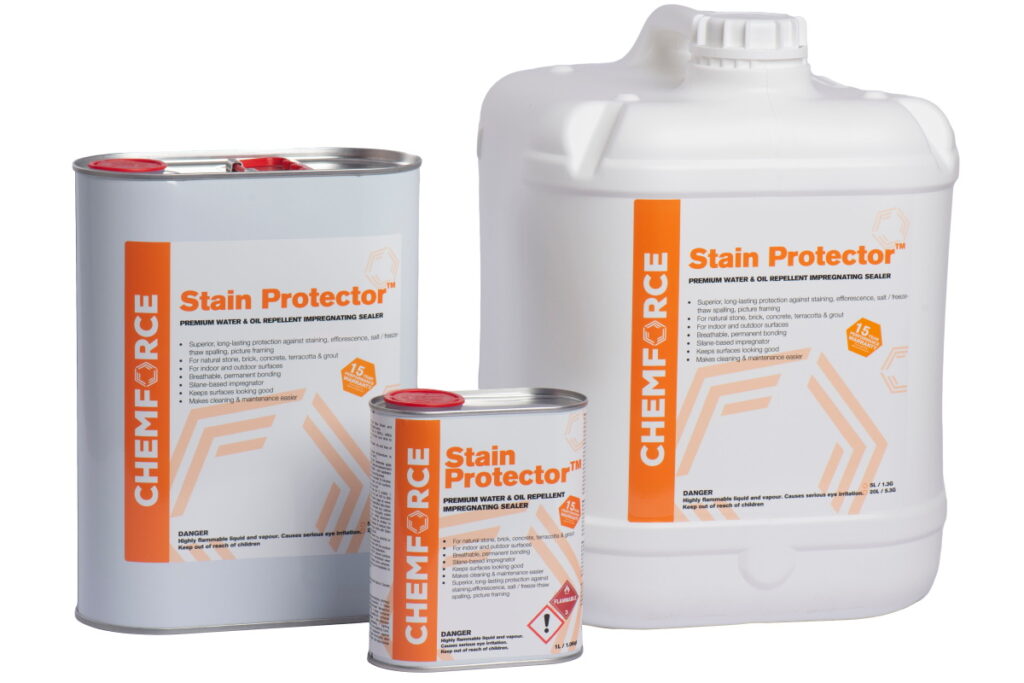 Three containers of Chemforce Stain Protector water and oil repellent impregnating sealer in varying sizes.