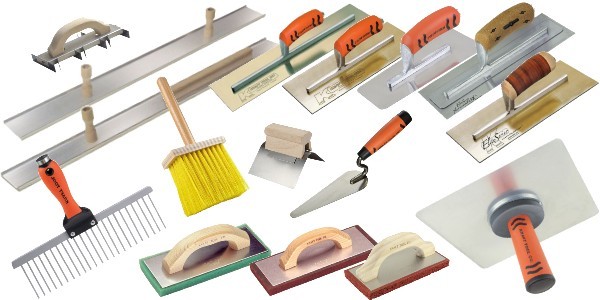 Collection of various masonry and construction trowels, floats, and tools with different handles and blades.