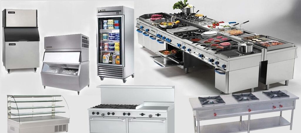 Various stainless steel commercial kitchen equipment including ice machines, refrigerators, display cases, and stoves.