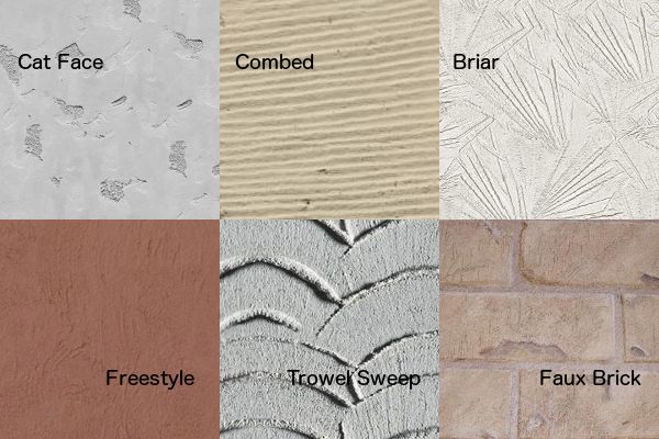Six wall texture samples: Cat Face, Combed, Briar, Freestyle, Trowel Sweep, and Faux Brick.