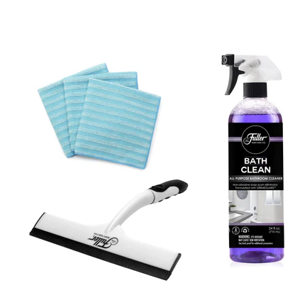 Fuller Bath Clean purple spray, three blue striped microfiber cloths, and a white and black squeegee.