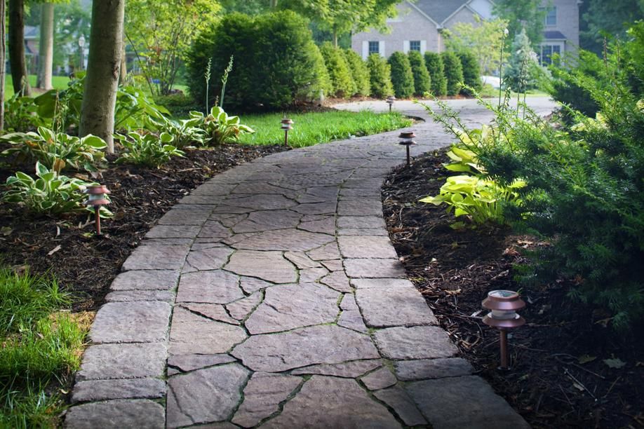 Winding flagstone path lined with solar lights through a lush, landscaped garden.