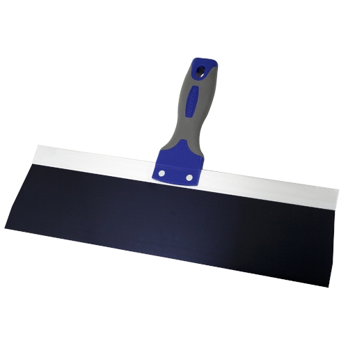 Warner taping knife with a wide, dark blue blade and a gray and blue ergonomic handle.
