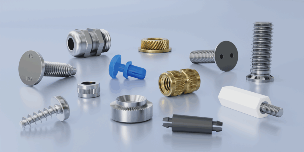 Assorted industrial fasteners, including screws, bolts, and anchors in steel, brass, and plastic.