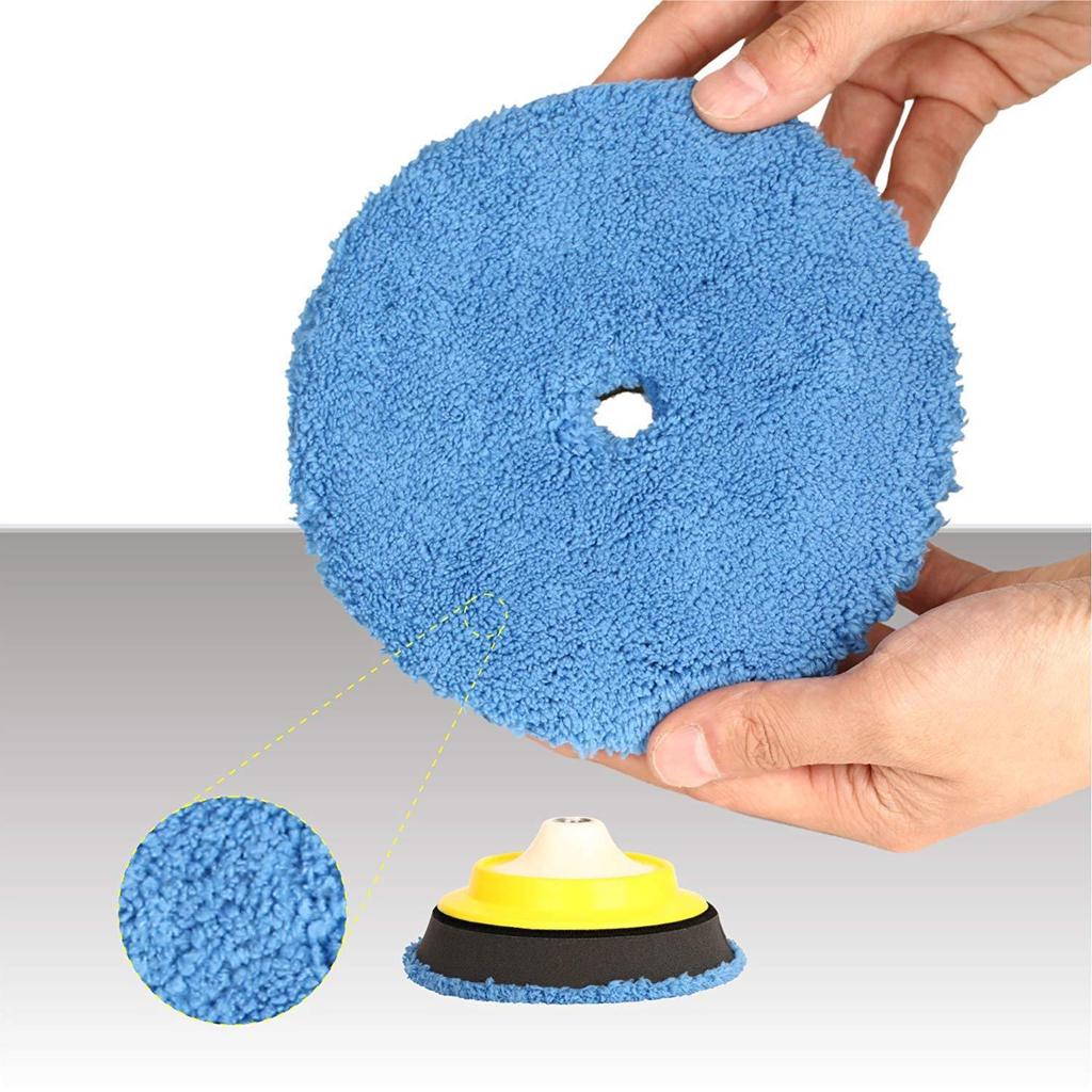 Blue microfiber polishing pad shown in hands with a close-up of its texture and attached to a yellow backing plate.